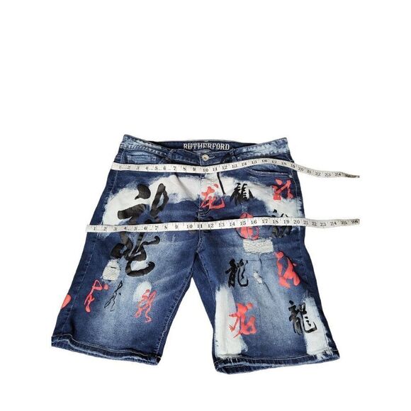Rutherford Shorts Men Sz 36 Blue Denim Engineered Slim Fit‎ Streetwear Graffiti - Picture 3 of 5